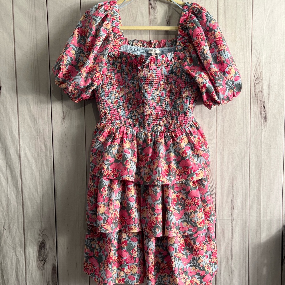 Vici Pink and Blue/Gray Floral Smocked Dress